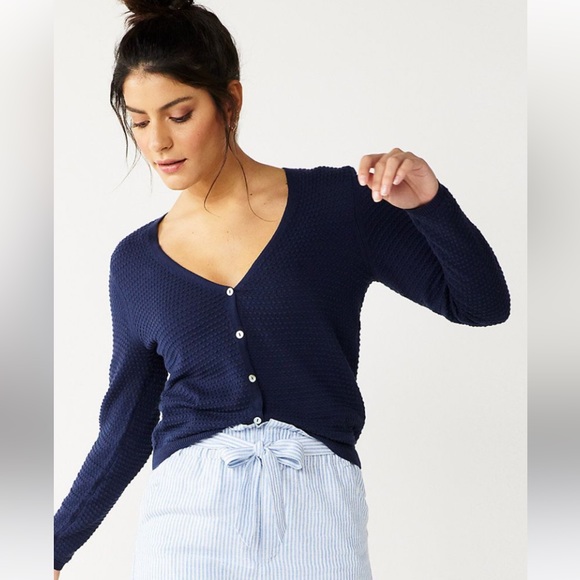 Draper James Sweaters - DraperJames RSVP Pointelle Textured Cotton Stretch Classic Cardigan EUC Navy XXL